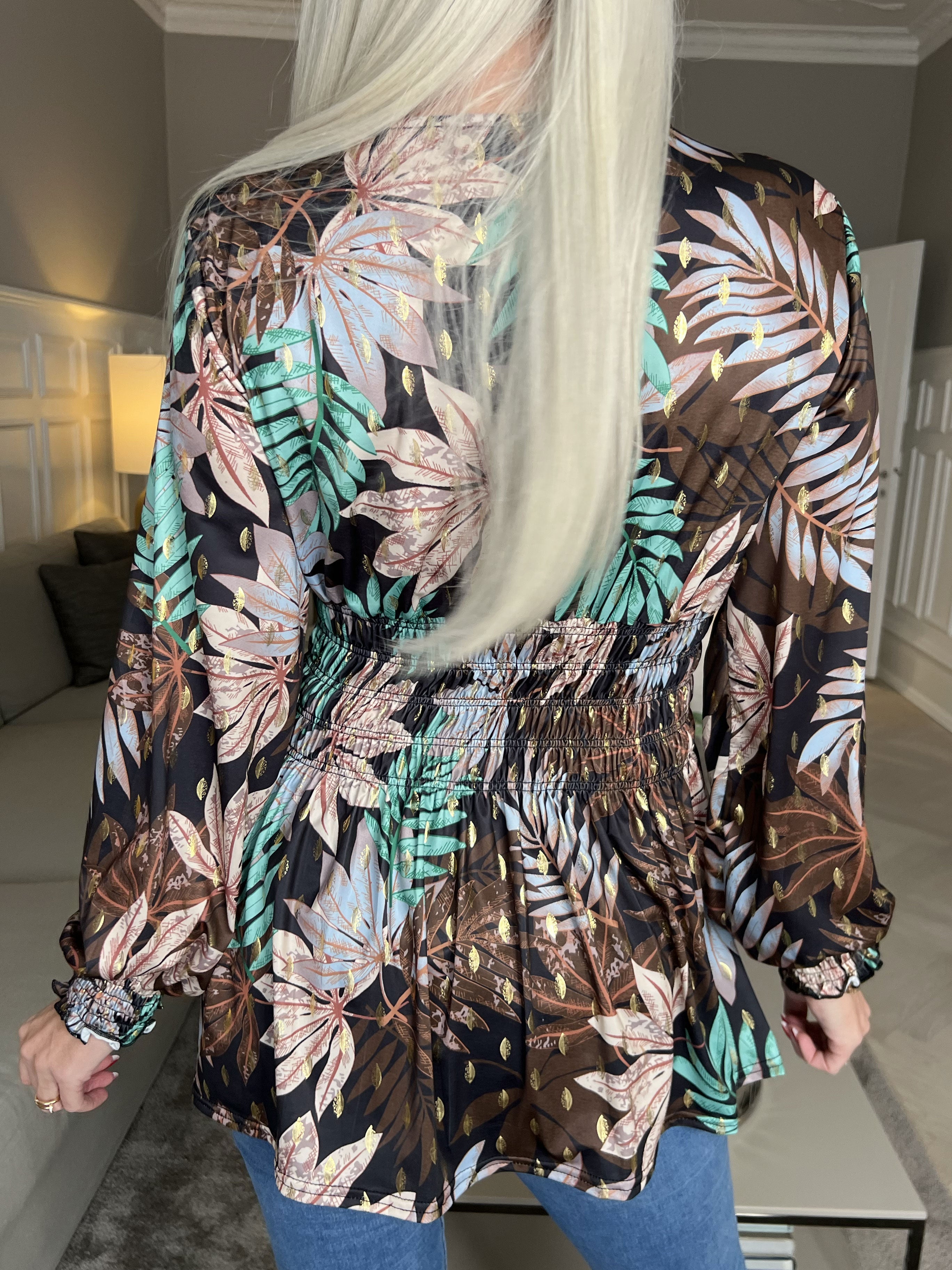 Dallarna™ - Pams Leaf Shirt L/S - Elastisk blus i skrynkelfritt tyg med långa ärmar