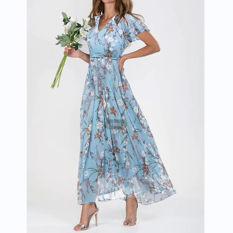 Vanilla - 👗Kortärmad lång klänning med blommönster🔥50% rabatt